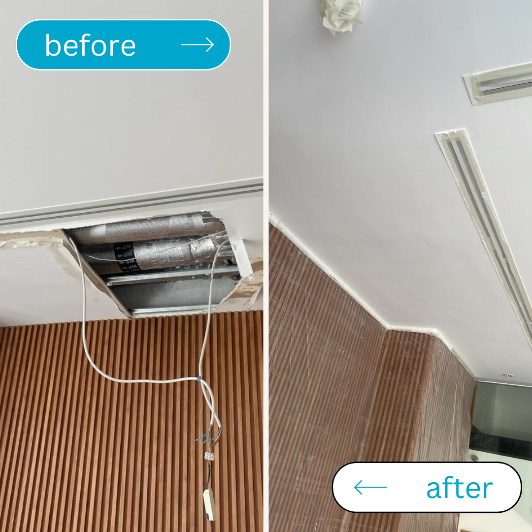 Before and after ceiling repair: damaged ceiling with exposed ductwork and wiring, then fully patched, plastered, and repainted